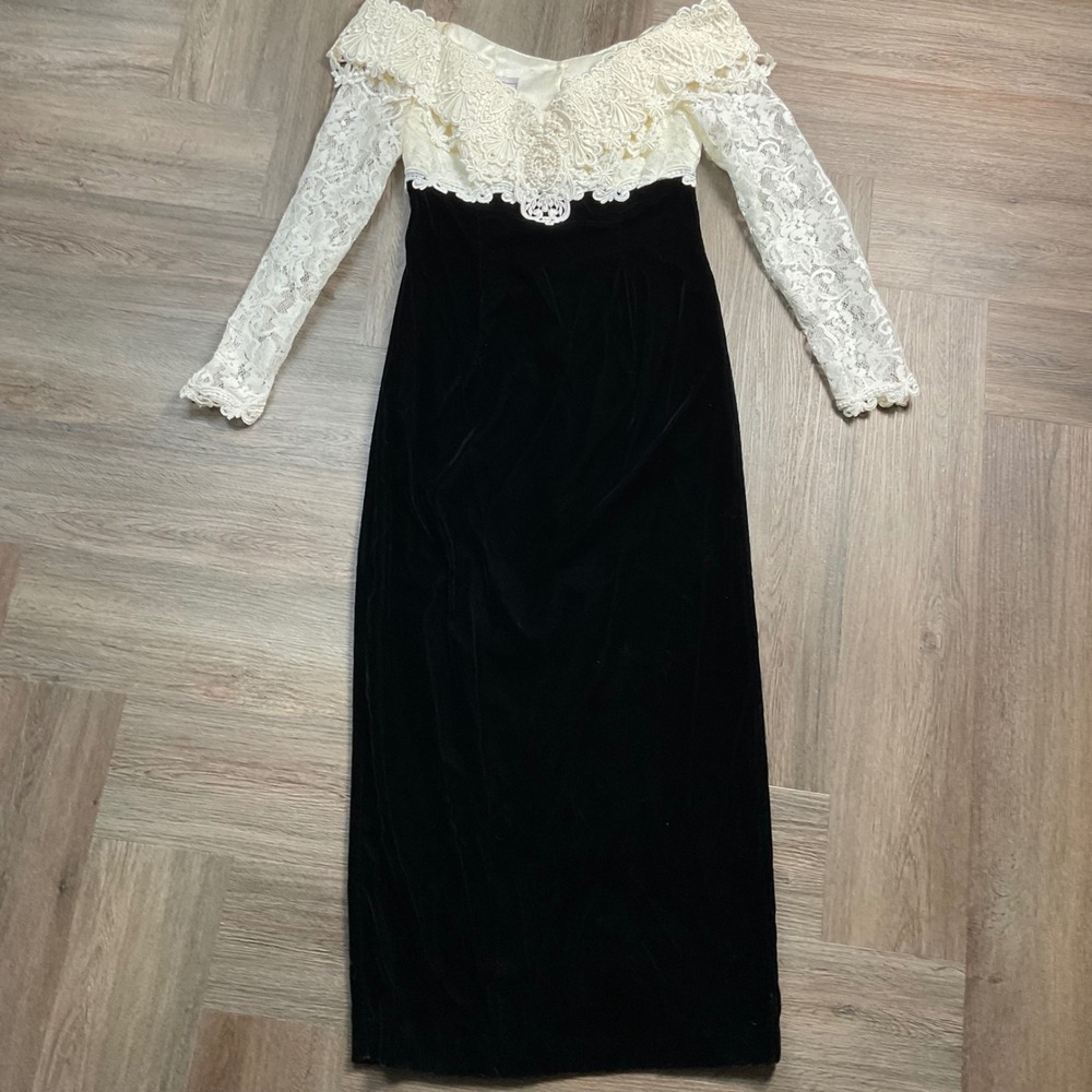 Vintage Scott McClintock Edwardian Regency Velvet Lace Pearl Dress 6 Black Ivory
